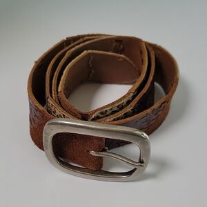Embossed Brown Leather Belt with Silver Buckle